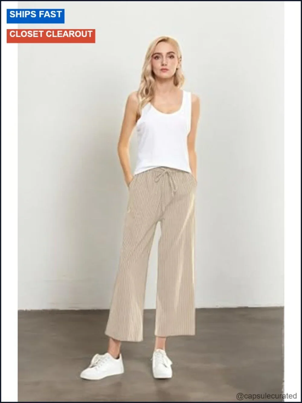 Linen Cotton Wide Leg High Waisted Drawstring Capri Pants with Pockets